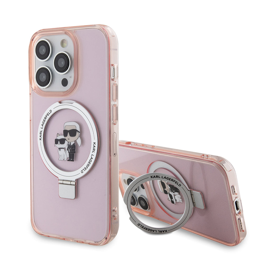 MagSafe Hülle für Apple iPhone 15 Pro Max, Karl Lagerfeld, Ring Stand Karl & Choupette, Rosa