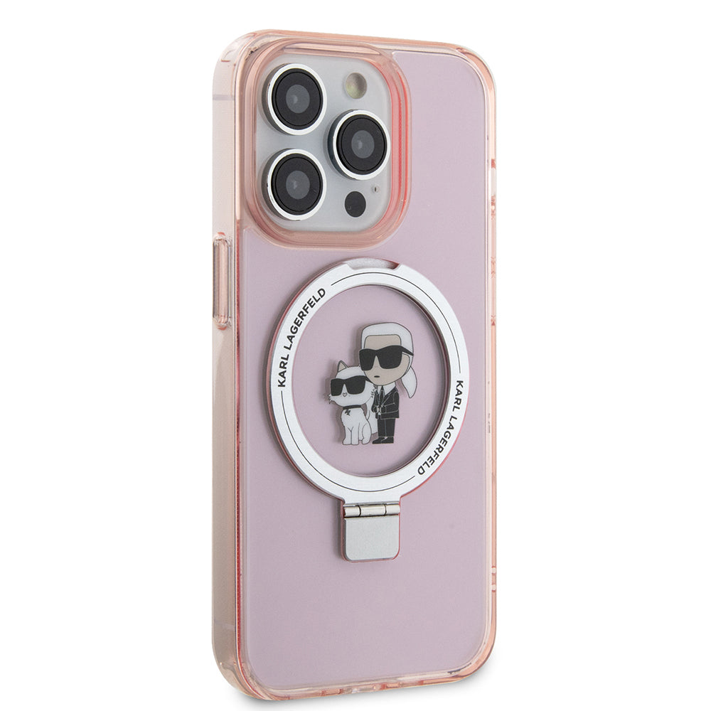 MagSafe Hülle für Apple iPhone 15 Pro Max, Karl Lagerfeld, Ring Stand Karl & Choupette, Rosa