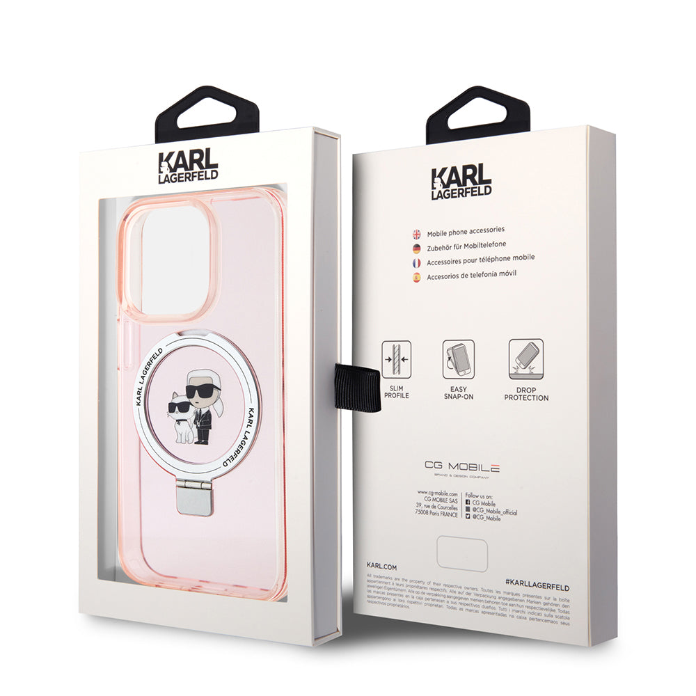 MagSafe Hülle für Apple iPhone 15 Pro Max, Karl Lagerfeld, Ring Stand Karl & Choupette, Rosa