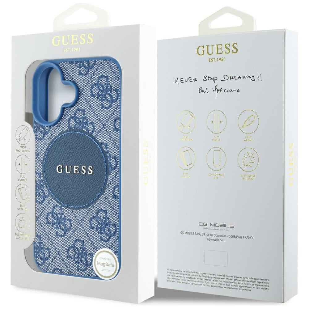 MagSafe Hülle für Apple iPhone 16, Guess, 4G Circle Classic Logo, Blau