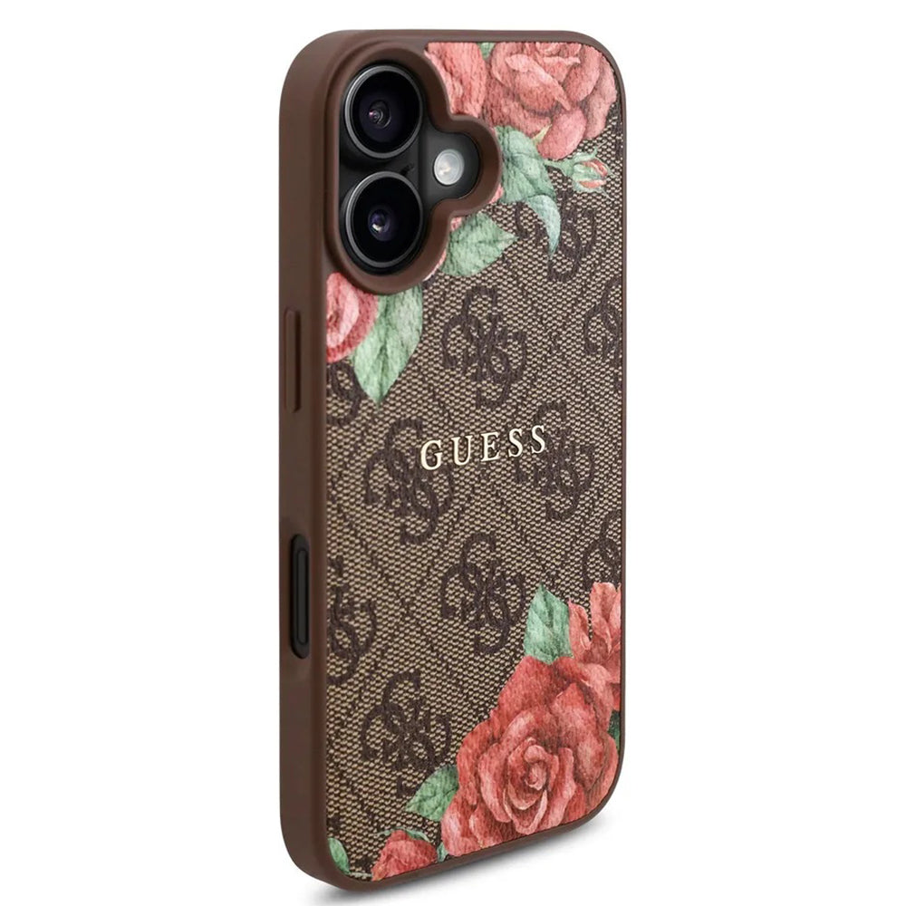 MagSafe Hülle für Apple iPhone 16, Guess, 4G Flowers Print, Braun