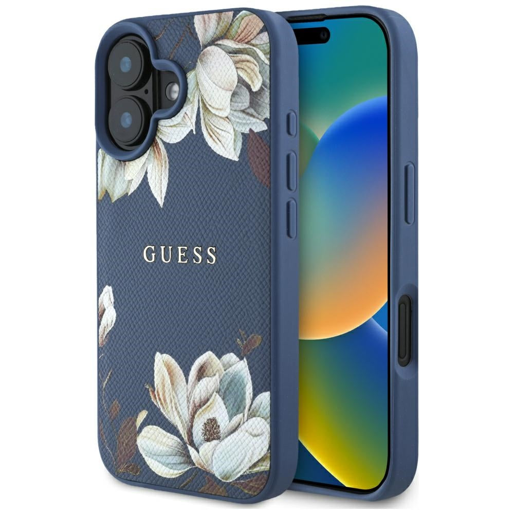 MagSafe Hülle für Apple iPhone 16, Guess, Grained Flowers, Blau