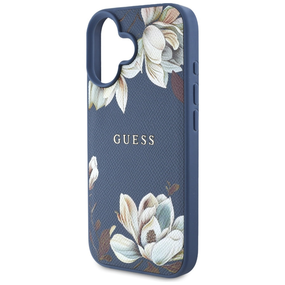 MagSafe Hülle für Apple iPhone 16, Guess, Grained Flowers, Blau