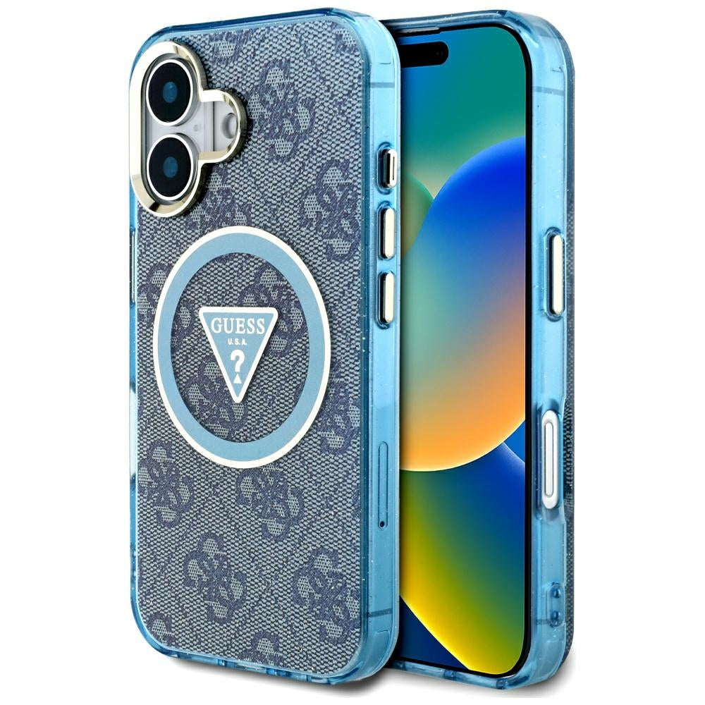 MagSafe Hülle für Apple iPhone 16, Guess, IML Glitter 4G Circle Triangle, Blau