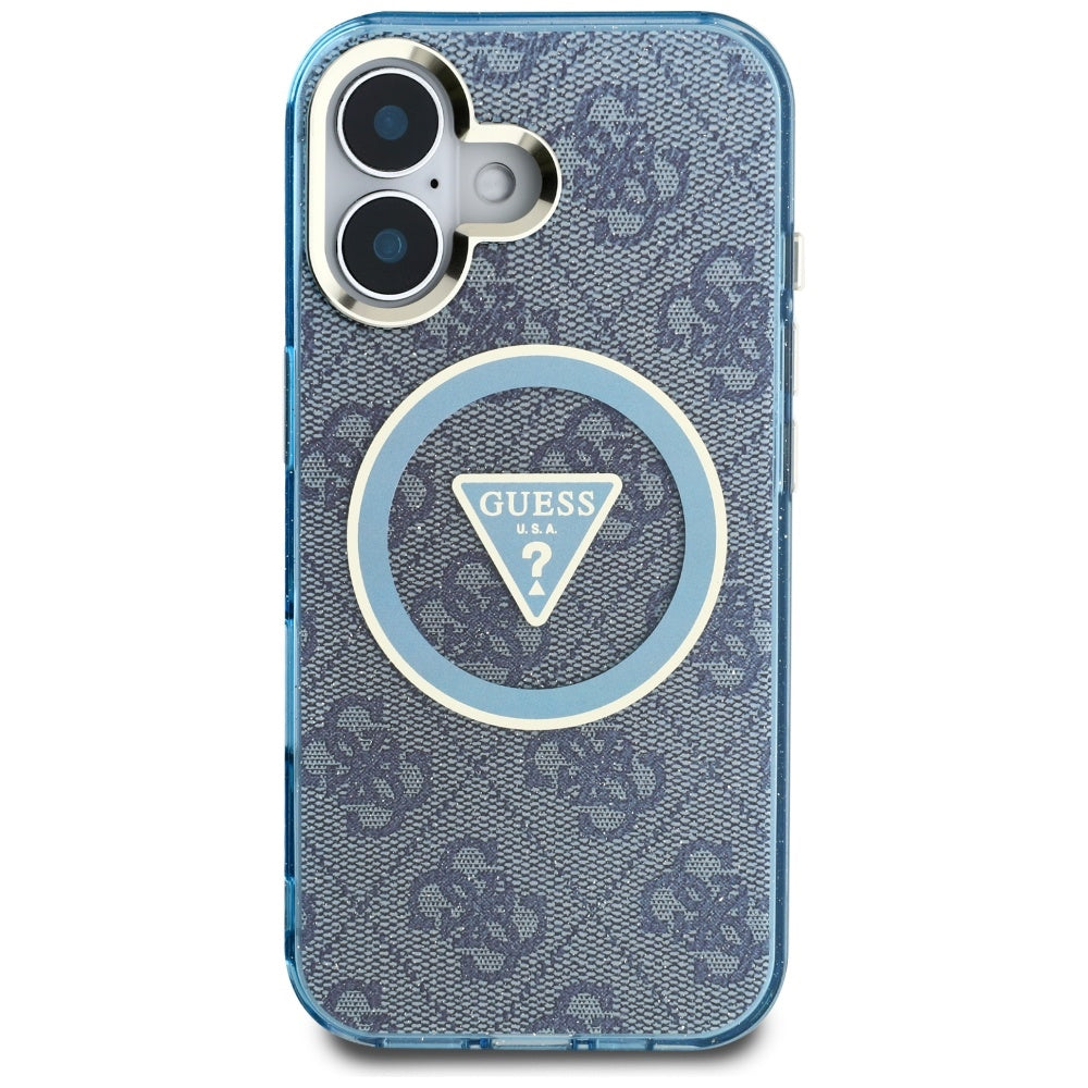 MagSafe Hülle für Apple iPhone 16, Guess, IML Glitter 4G Circle Triangle, Blau