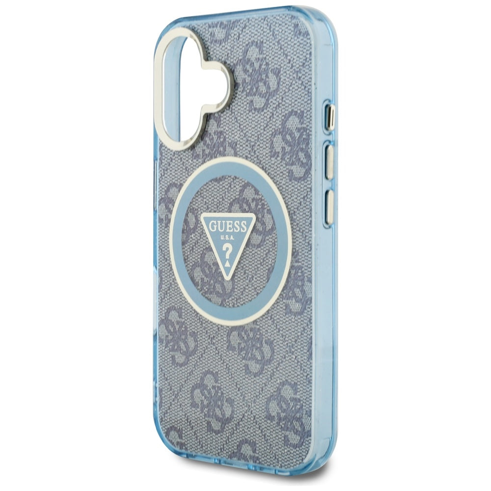 MagSafe Hülle für Apple iPhone 16, Guess, IML Glitter 4G Circle Triangle, Blau