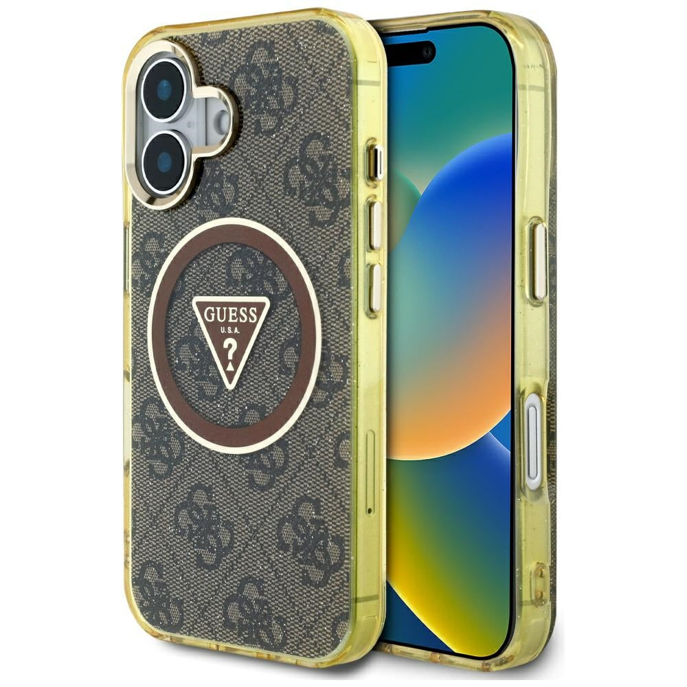 MagSafe Hülle für Apple iPhone 16, Guess, IML Glitter 4G Circle Triangle, Braun