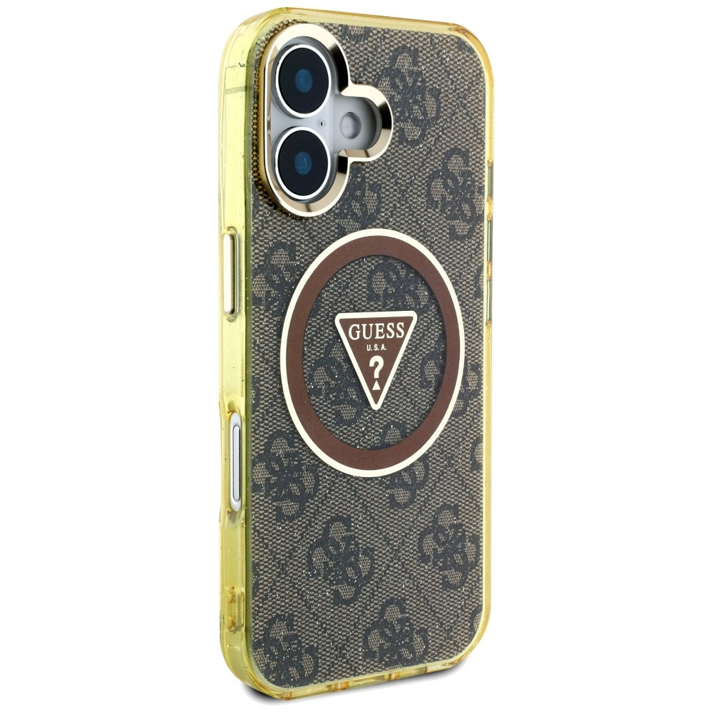 MagSafe Hülle für Apple iPhone 16, Guess, IML Glitter 4G Circle Triangle, Braun