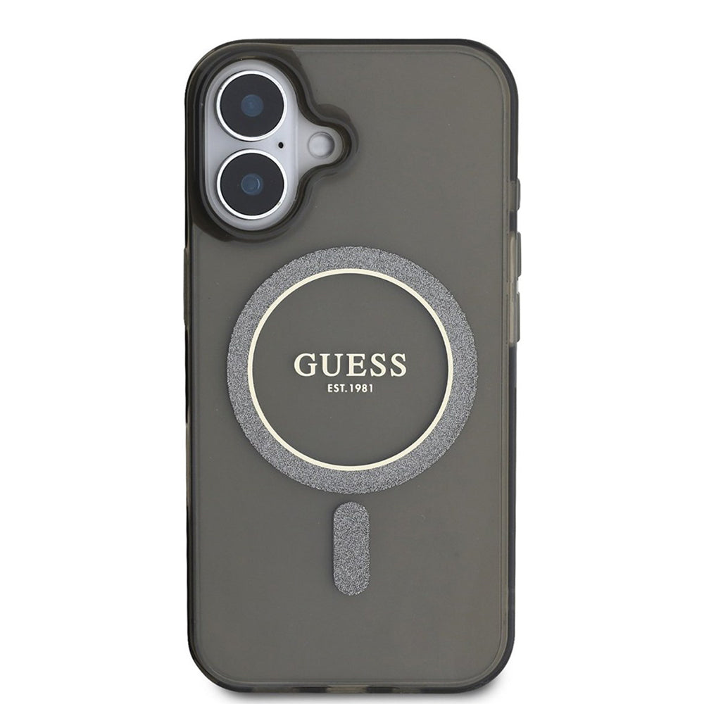 MagSafe Hülle für Apple iPhone 16, Guess, IML Glitter Circle, Schwarz