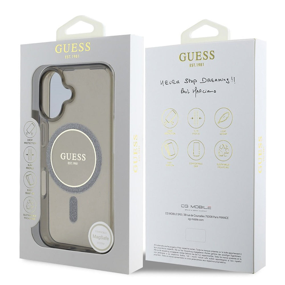 MagSafe Hülle für Apple iPhone 16, Guess, IML Glitter Circle, Schwarz