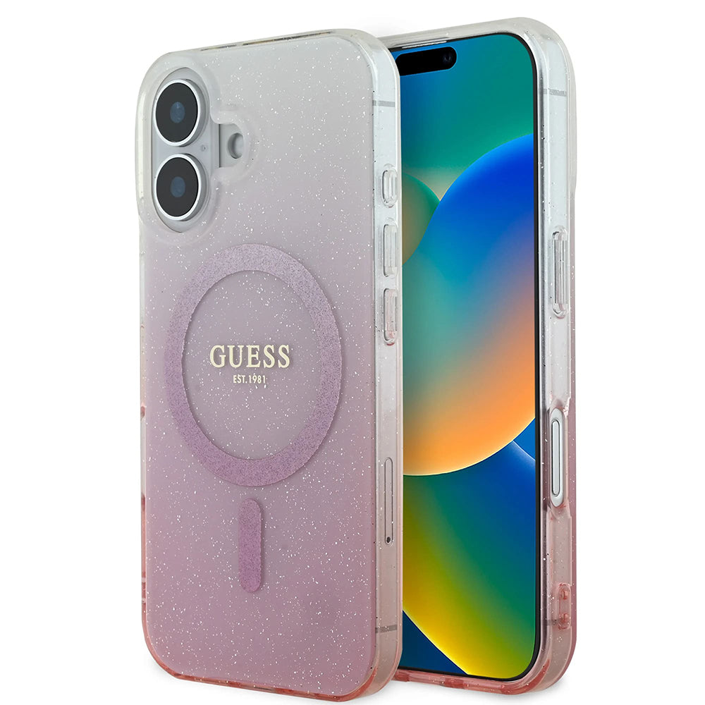 MagSafe Hülle für Apple iPhone 16, Guess, IML Glitter Gradient, Rosa