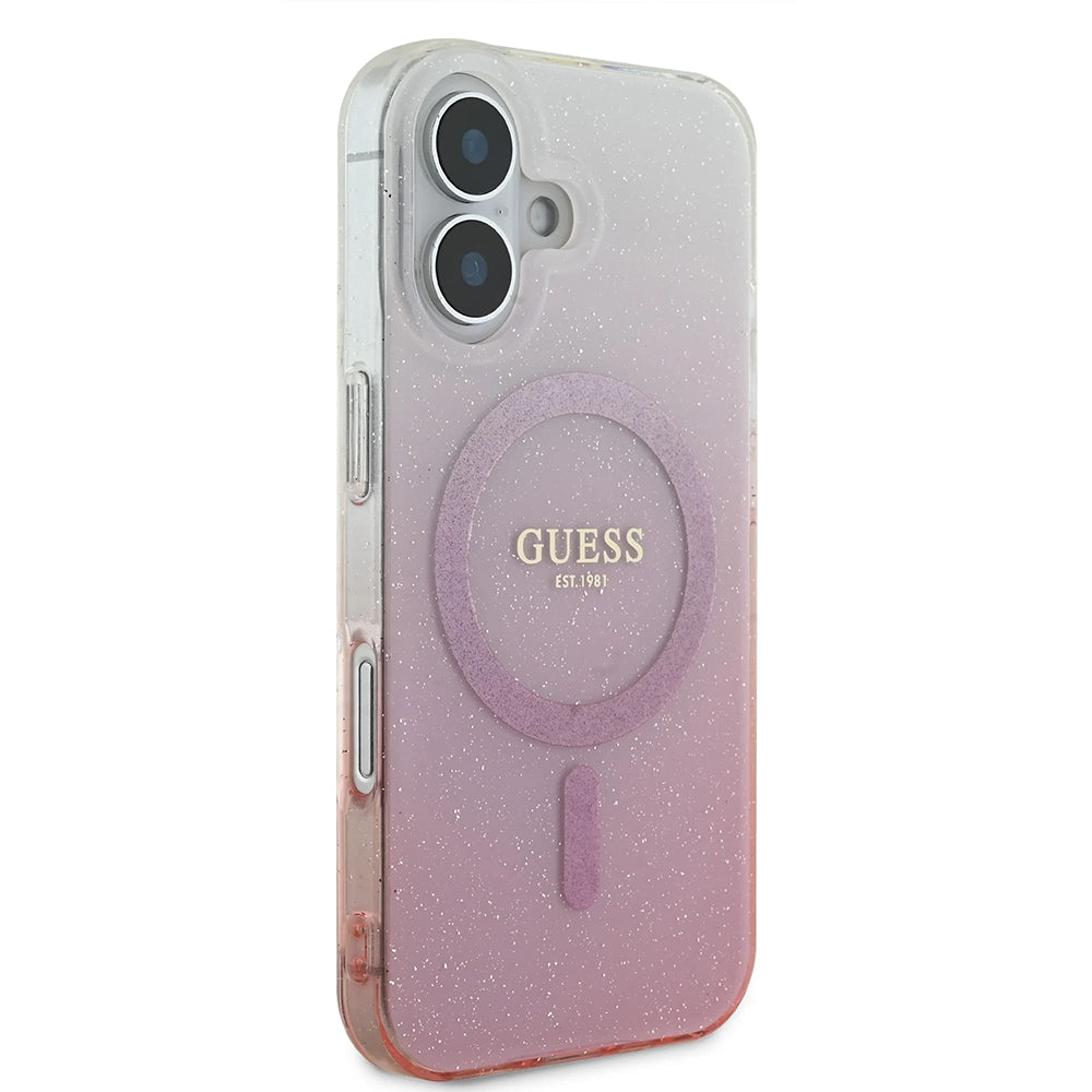 MagSafe Hülle für Apple iPhone 16, Guess, IML Glitter Gradient, Rosa