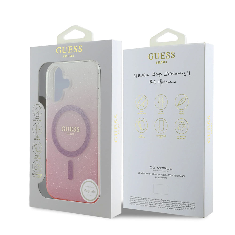 MagSafe Hülle für Apple iPhone 16, Guess, IML Glitter Gradient, Rosa