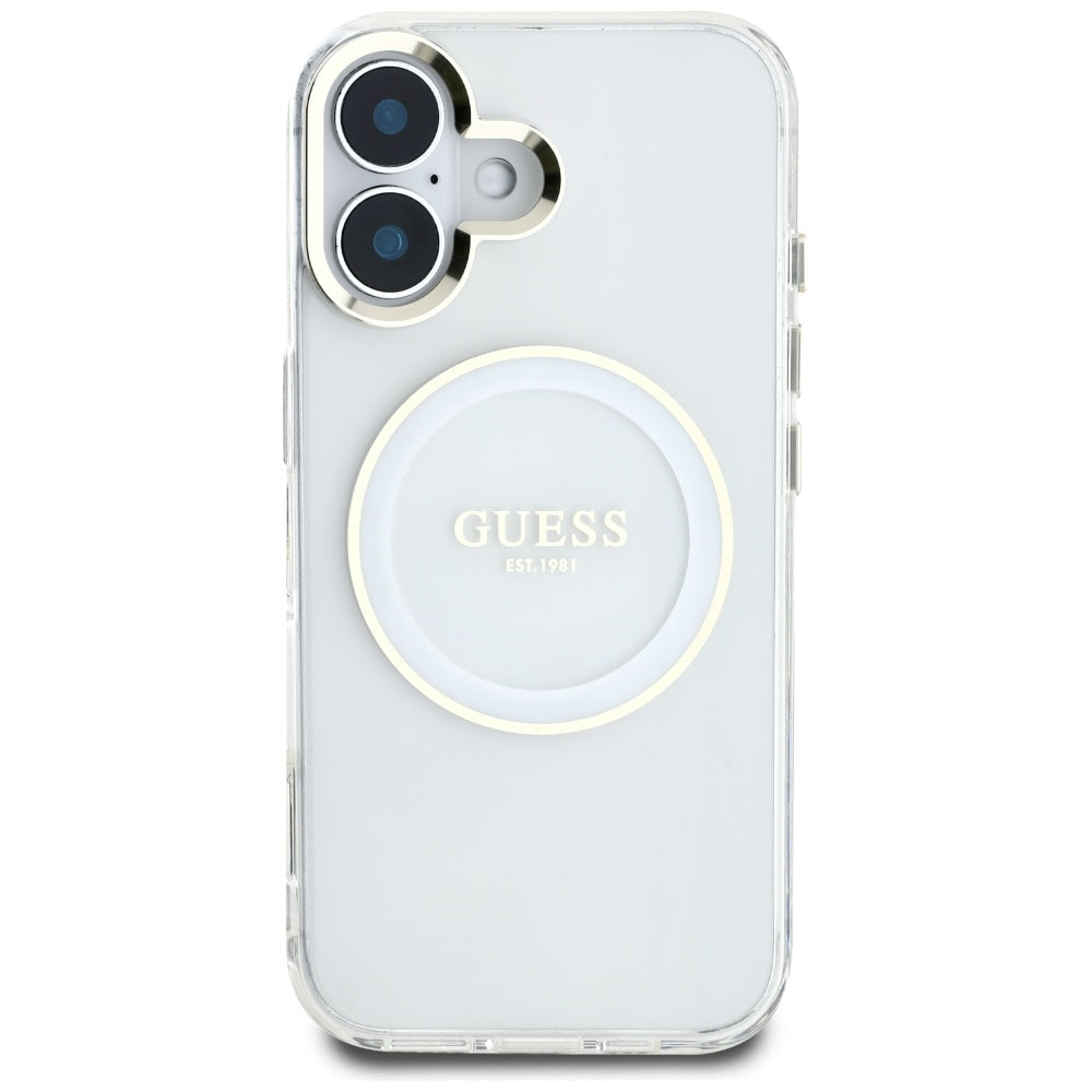 MagSafe Hülle für Apple iPhone 16, Guess, IML Metal Colored Circle, Weiß