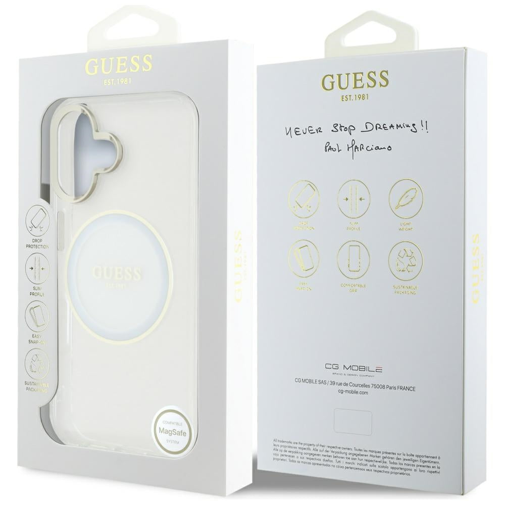 MagSafe Hülle für Apple iPhone 16, Guess, IML Metal Colored Circle, Weiß