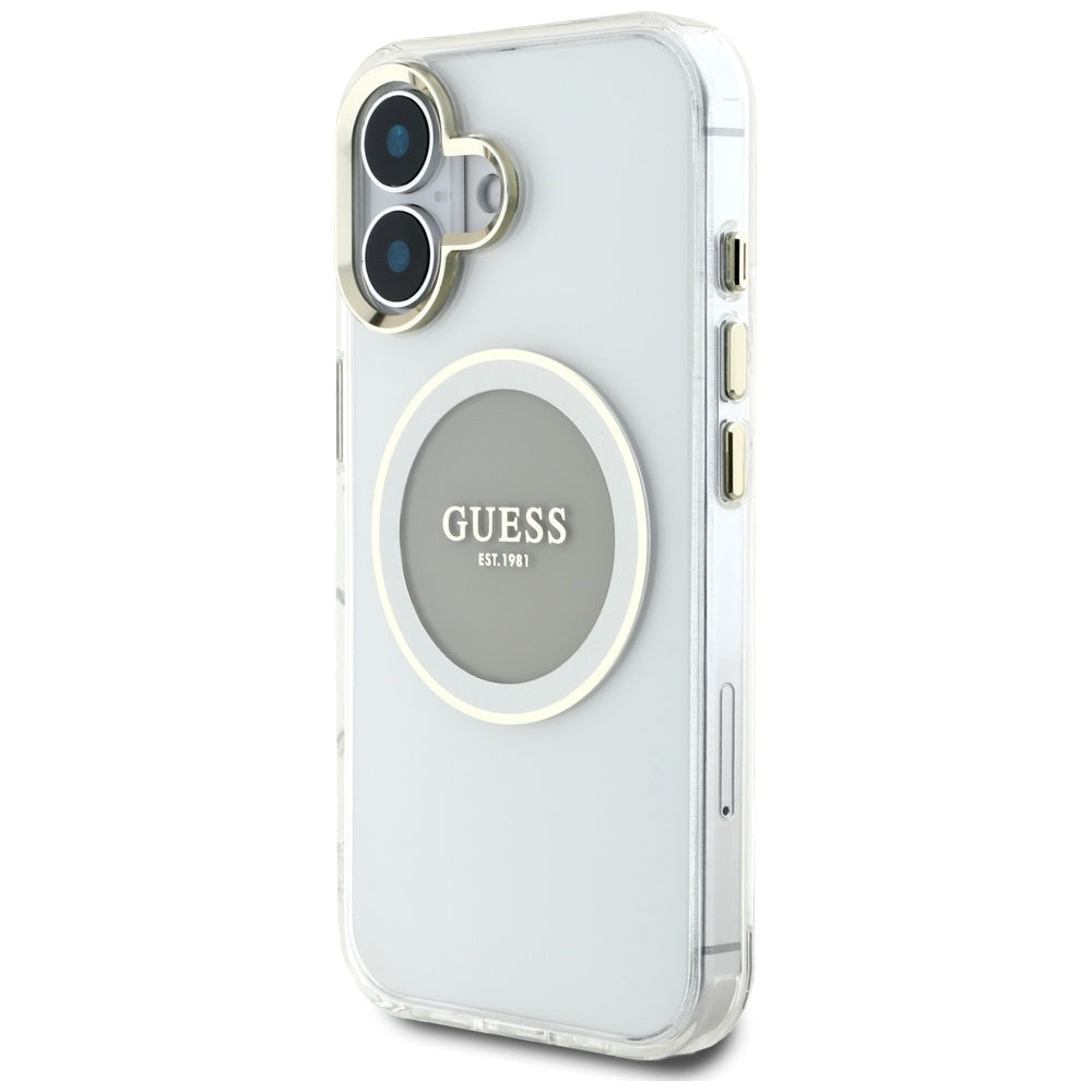 MagSafe Hülle für Apple iPhone 16, Guess, IML Metal Colored Circle, Grau