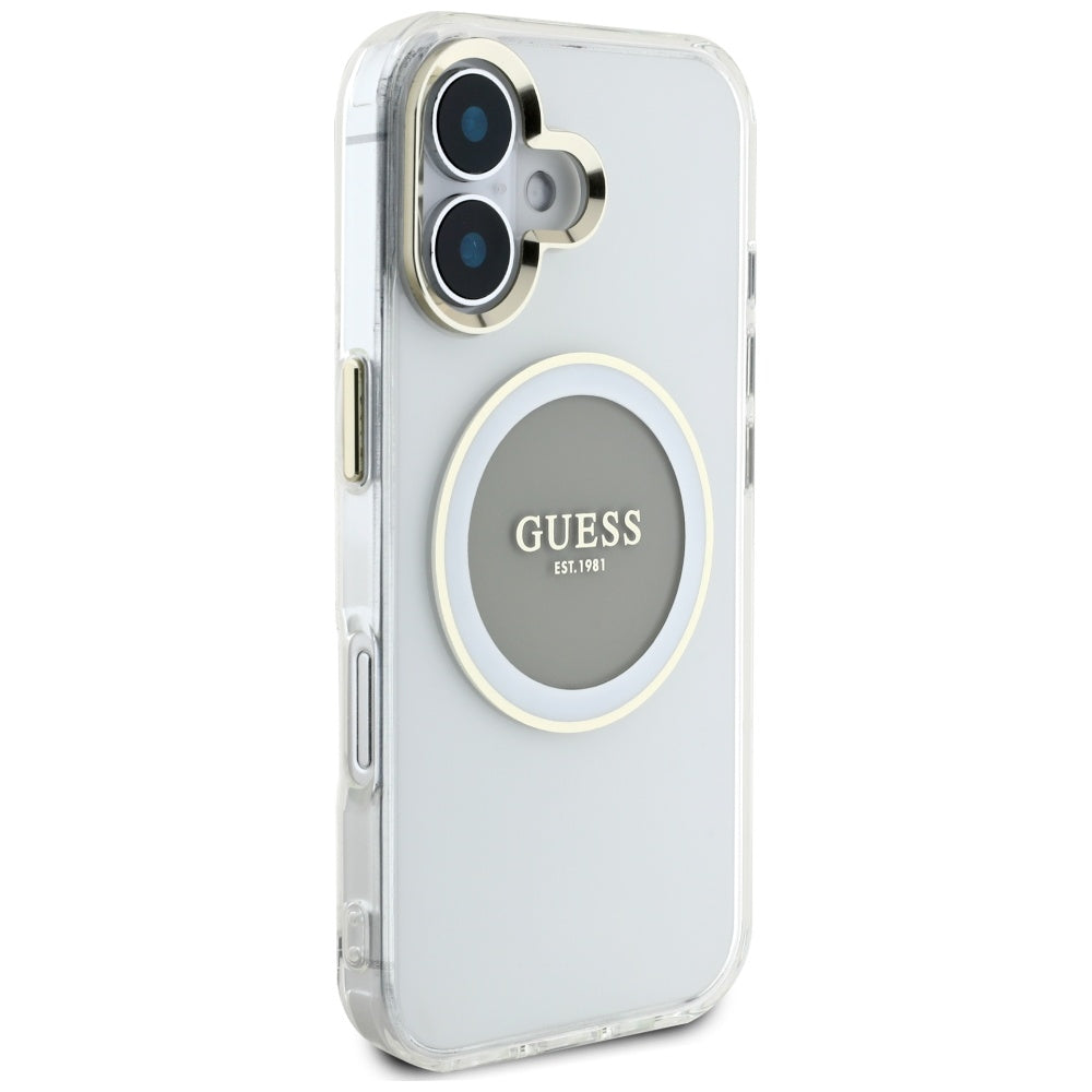 MagSafe Hülle für Apple iPhone 16, Guess, IML Metal Colored Circle, Grau
