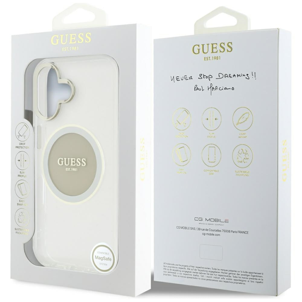 MagSafe Hülle für Apple iPhone 16, Guess, IML Metal Colored Circle, Grau