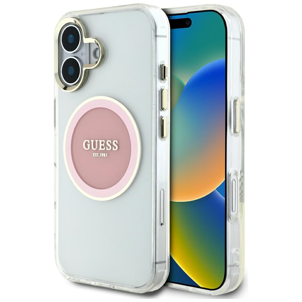 MagSafe Hülle für Apple iPhone 16, Guess, IML Metal Colored Circle, Rosa