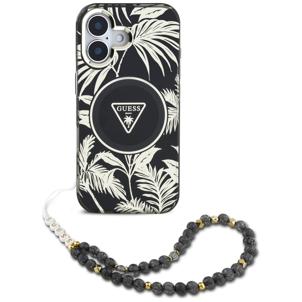 MagSafe Hülle für Apple iPhone 16, Guess, IML Palm Trees Triangle mit Perlenband, Schwarz