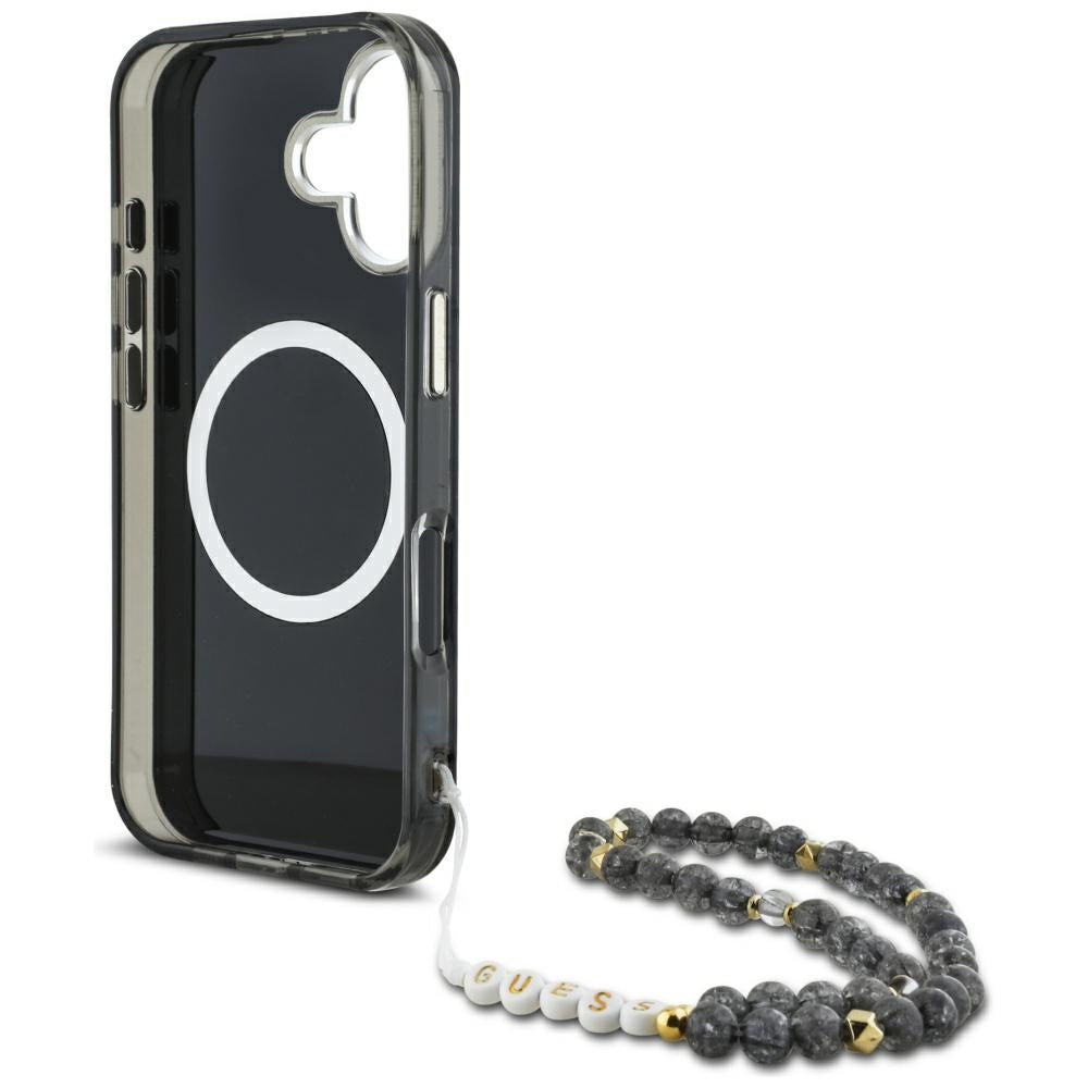 MagSafe Hülle für Apple iPhone 16, Guess, IML Palm Trees Triangle mit Perlenband, Schwarz