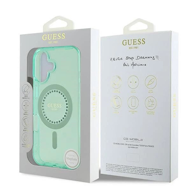 MagSafe Hülle für Apple iPhone 16, Guess, IML Rhinestone, Grün