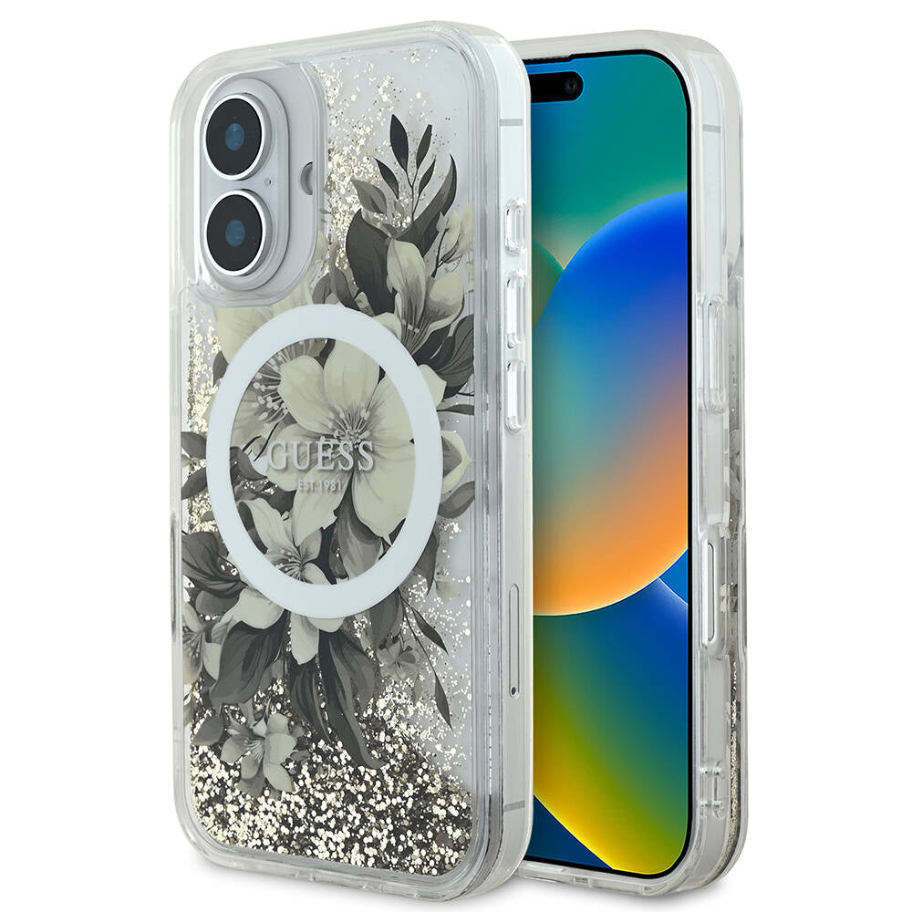 MagSafe Hülle für Apple iPhone 16, Guess, Liquid Glitter Flower, Beige