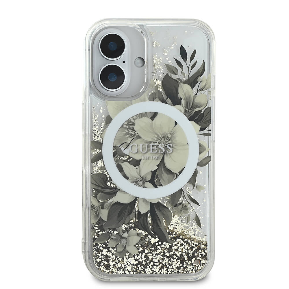 MagSafe Hülle für Apple iPhone 16, Guess, Liquid Glitter Flower, Beige