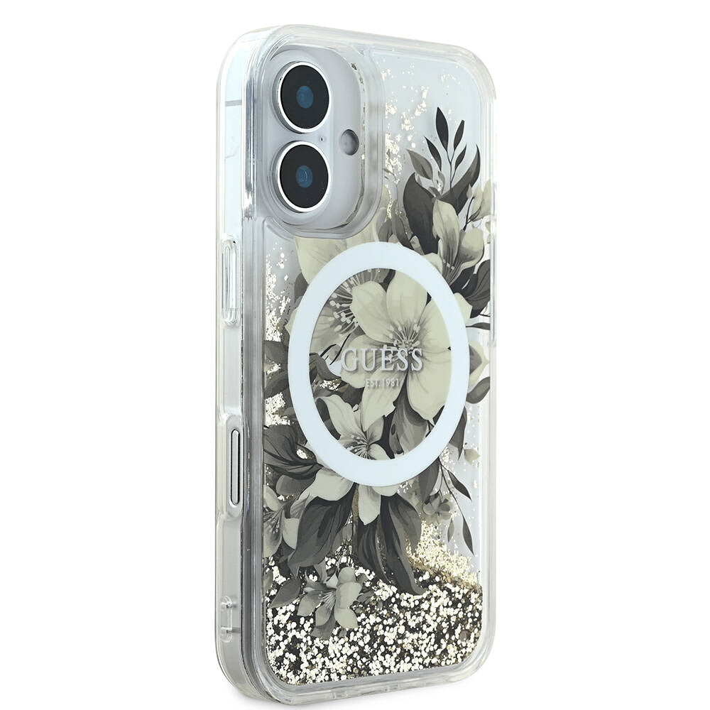 MagSafe Hülle für Apple iPhone 16, Guess, Liquid Glitter Flower, Beige