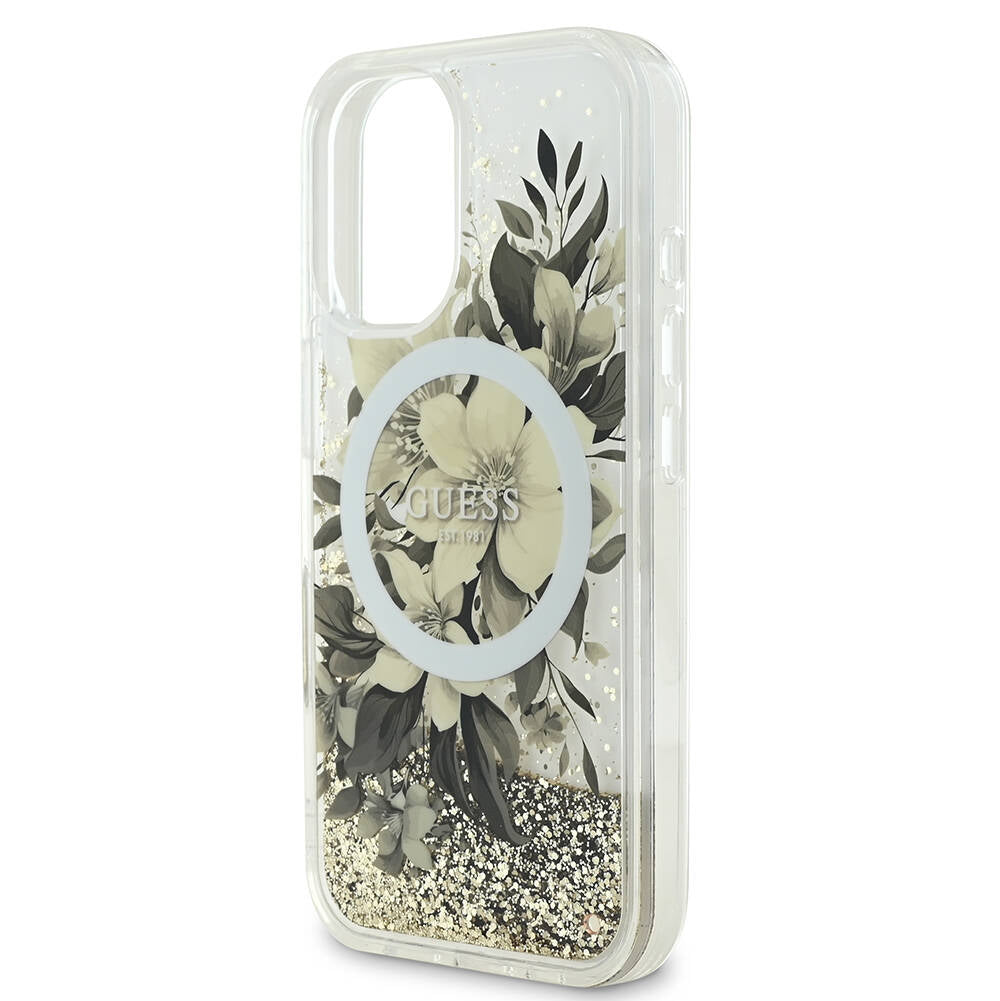 MagSafe Hülle für Apple iPhone 16, Guess, Liquid Glitter Flower, Beige