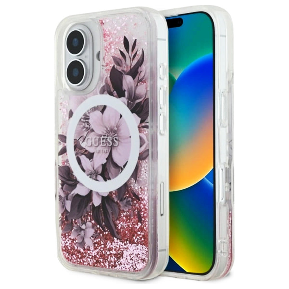 MagSafe Hülle für Apple iPhone 16, Guess, Liquid Glitter Flower, Rosa