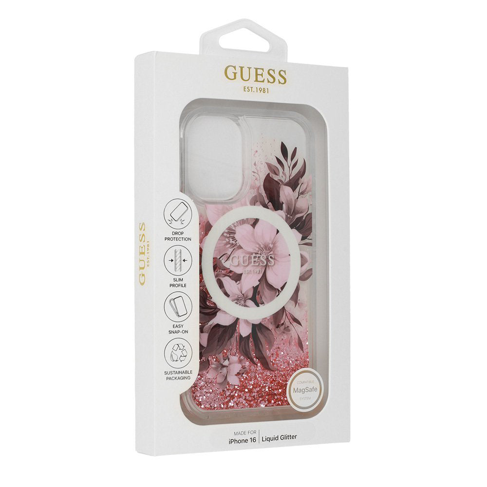 MagSafe Hülle für Apple iPhone 16, Guess, Liquid Glitter Flower, Rosa