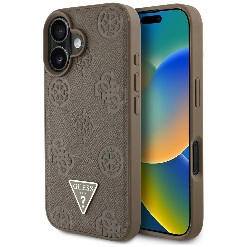 MagSafe Hülle für Apple iPhone 16, Guess, Peony Grained Hot Stamp Triangle, Braun