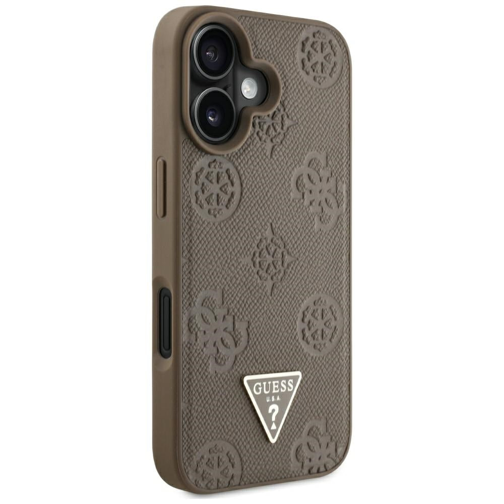 MagSafe Hülle für Apple iPhone 16, Guess, Peony Grained Hot Stamp Triangle, Braun