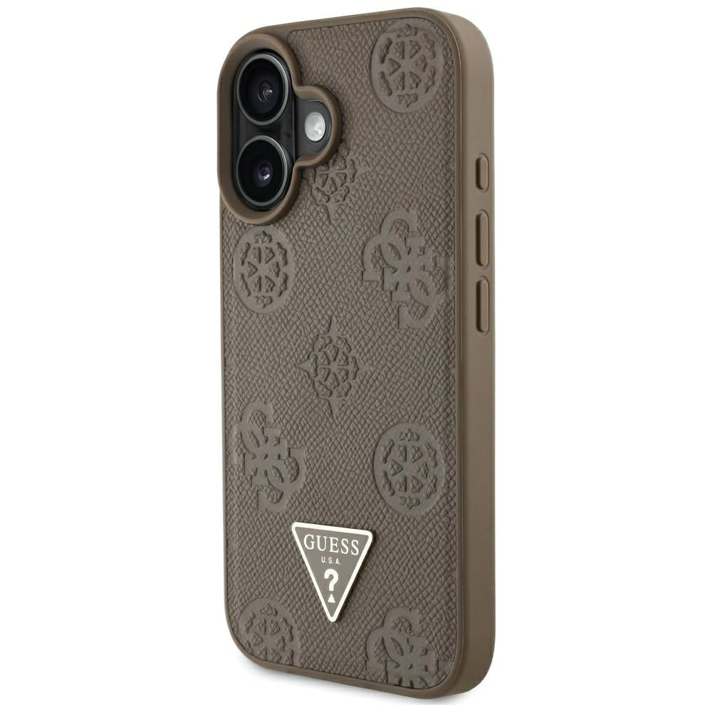 MagSafe Hülle für Apple iPhone 16, Guess, Peony Grained Hot Stamp Triangle, Braun