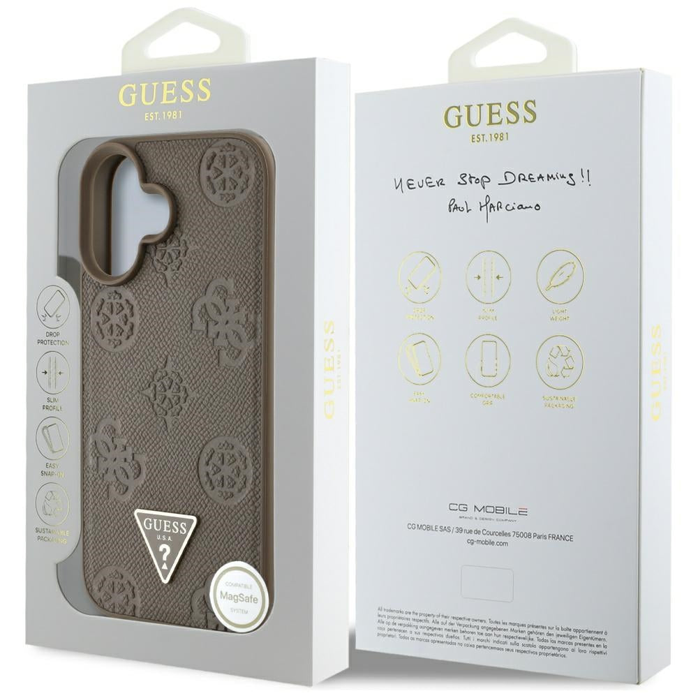 MagSafe Hülle für Apple iPhone 16, Guess, Peony Grained Hot Stamp Triangle, Braun