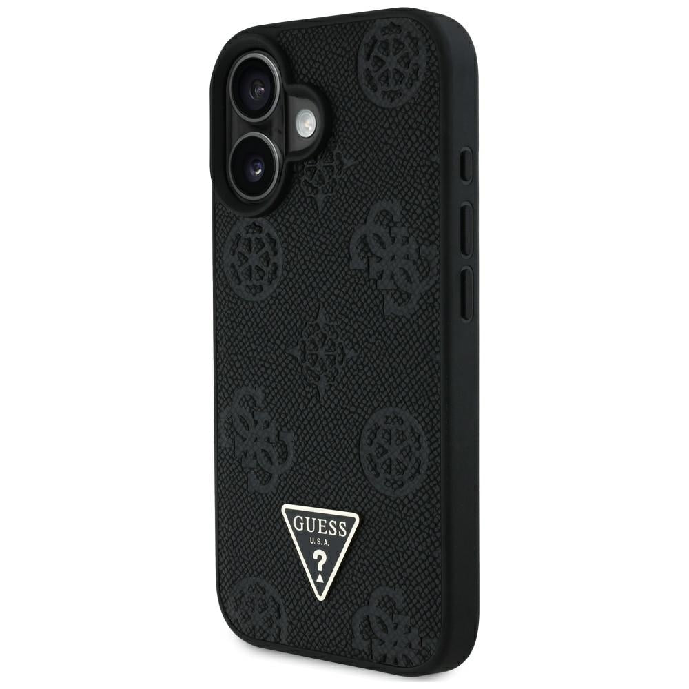 MagSafe Hülle für Apple iPhone 16, Guess, Peony Grained Hot Stamp Triangle, Schwarz