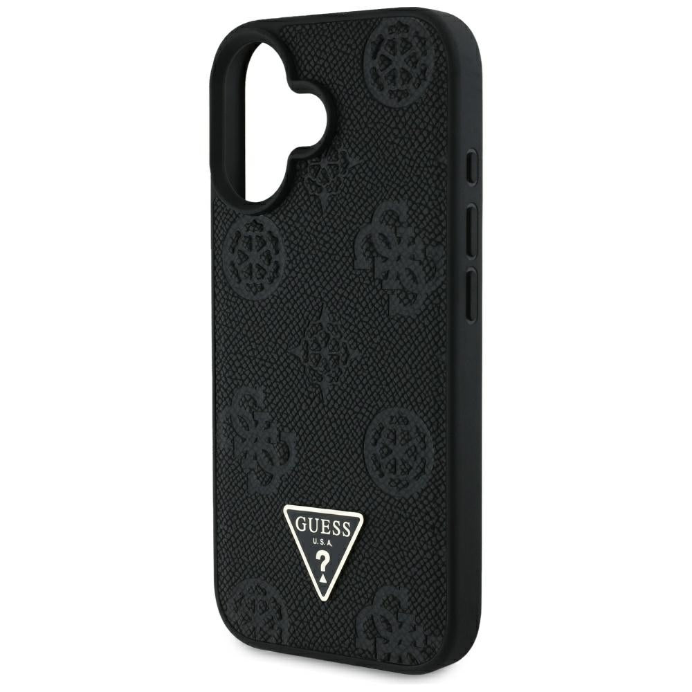 MagSafe Hülle für Apple iPhone 16, Guess, Peony Grained Hot Stamp Triangle, Schwarz