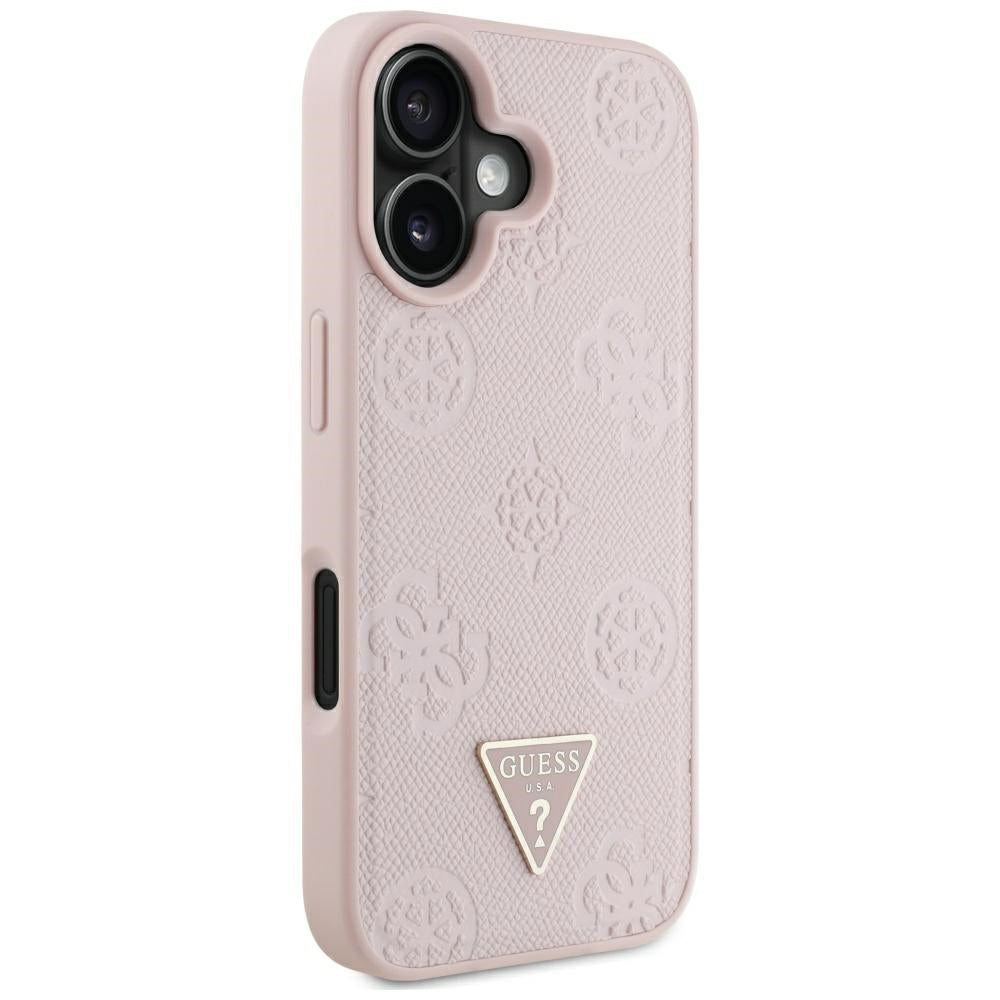 MagSafe Hülle für Apple iPhone 16, Guess, Peony Grained Hot Stamp Triangle, Rosa