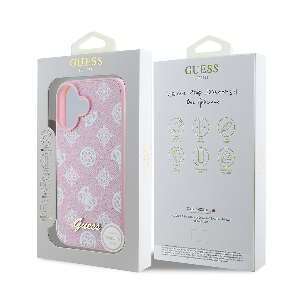 MagSafe Case for Apple iPhone 16, Guess, Peony Script, Pink
