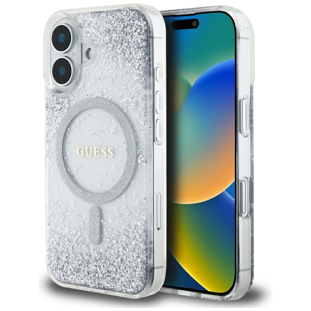 MagSafe Hülle für Apple iPhone 16, Guess, Resin Gradient Glitter, Silber
