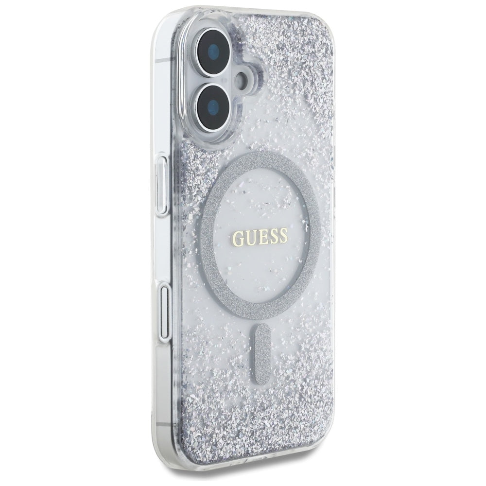MagSafe Hülle für Apple iPhone 16, Guess, Resin Gradient Glitter, Silber