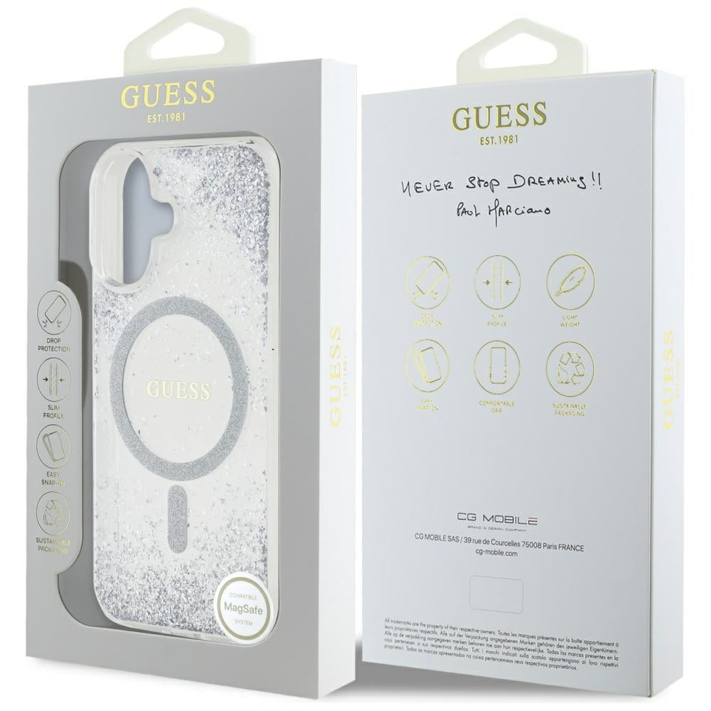 MagSafe Hülle für Apple iPhone 16, Guess, Resin Gradient Glitter, Silber
