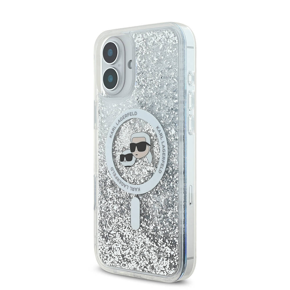 MagSafe Hülle für Apple iPhone 16, Karl Lagerfeld, Glitter Liquid Karl & Choupette's Heads, Transparent