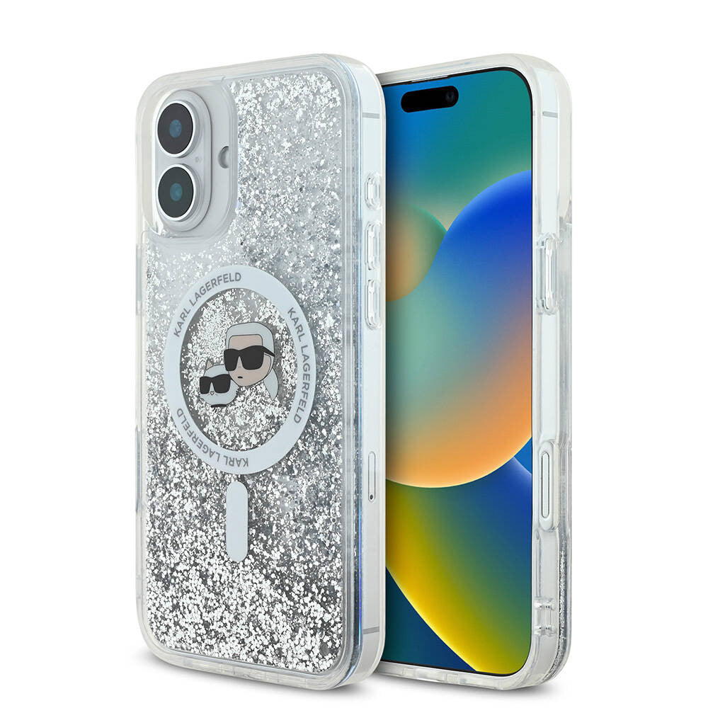 MagSafe Hülle für Apple iPhone 16, Karl Lagerfeld, Glitter Liquid Karl & Choupette's Heads, Transparent