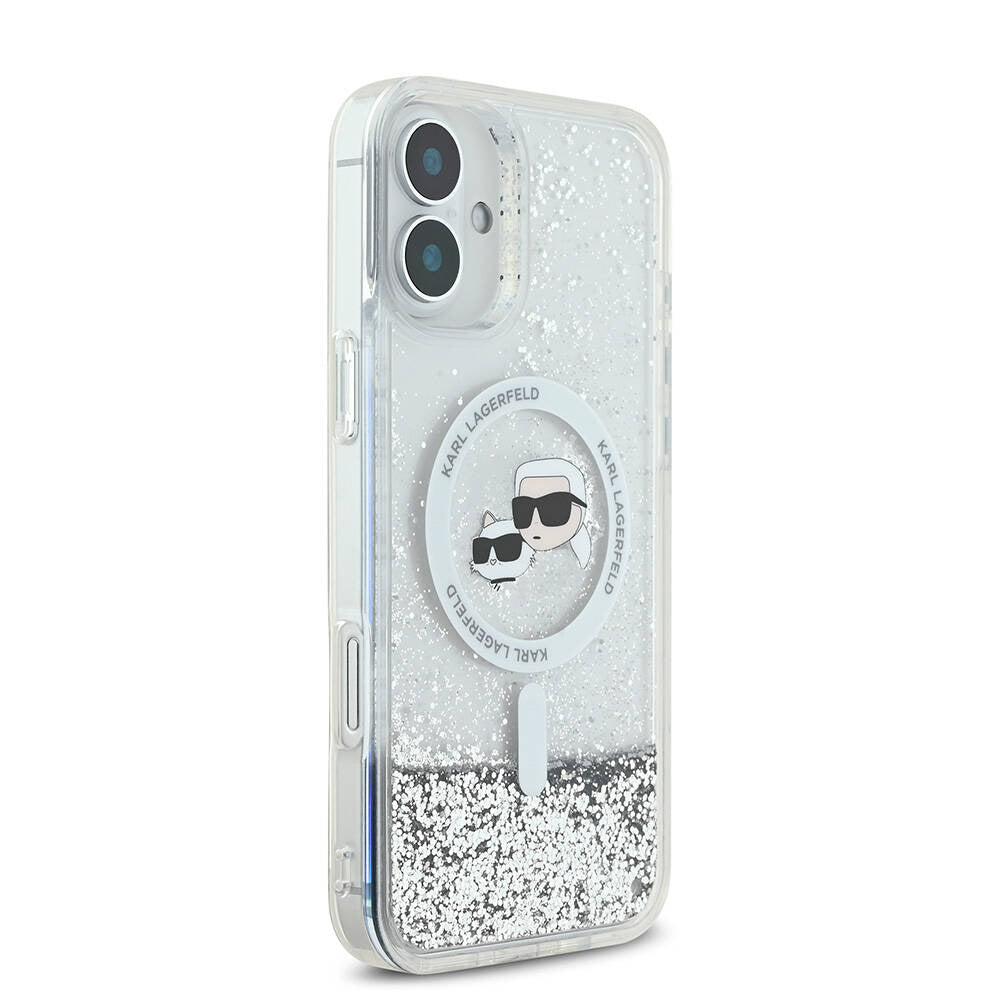 MagSafe Hülle für Apple iPhone 16, Karl Lagerfeld, Glitter Liquid Karl & Choupette's Heads, Transparent