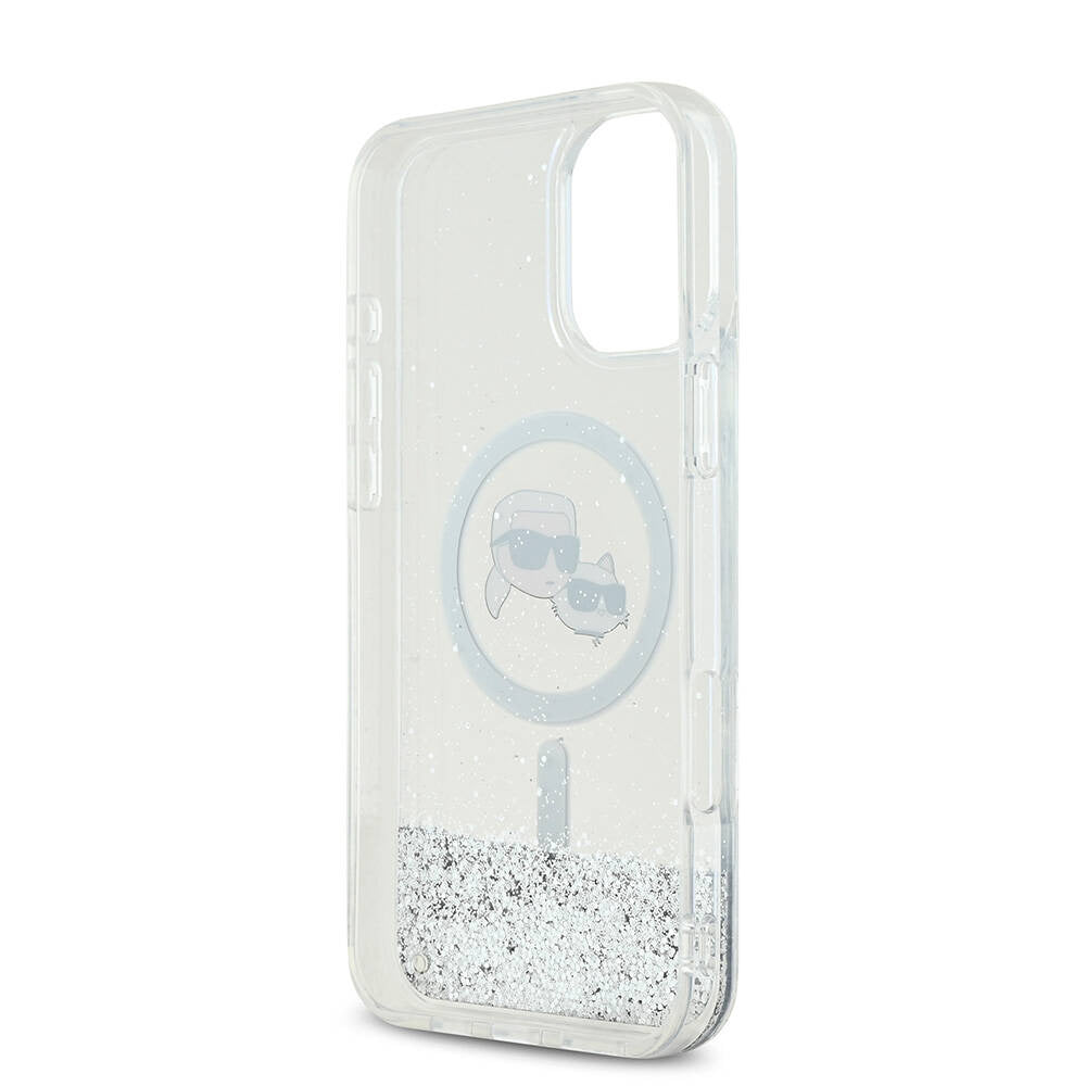 MagSafe Hülle für Apple iPhone 16, Karl Lagerfeld, Glitter Liquid Karl & Choupette's Heads, Transparent