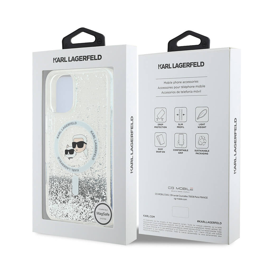 MagSafe Hülle für Apple iPhone 16, Karl Lagerfeld, Glitter Liquid Karl & Choupette's Heads, Transparent