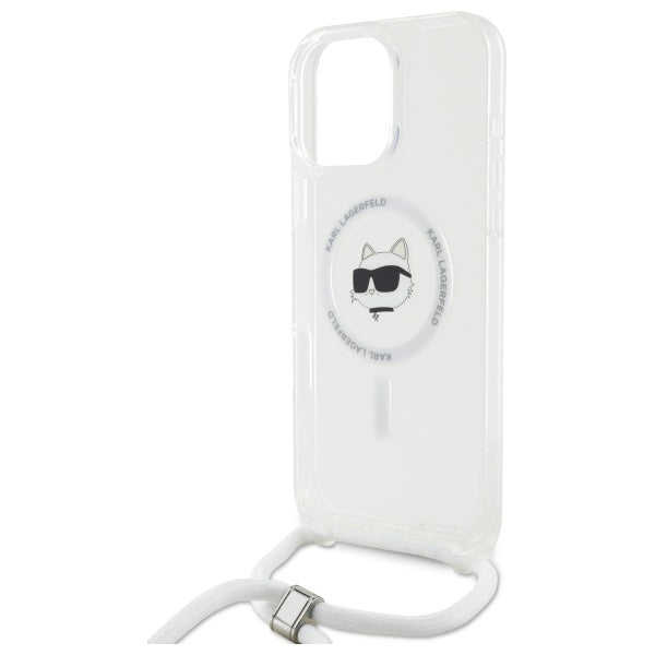 MagSafe Hülle für Apple iPhone 16, Karl Lagerfeld, IML Crossbody Choupette's Head mit Trageriemen, Transparent