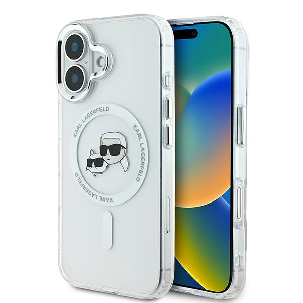 MagSafe Case for Apple iPhone 16, Karl Lagerfeld, IML Metal Karl & Choupette's Heads, White